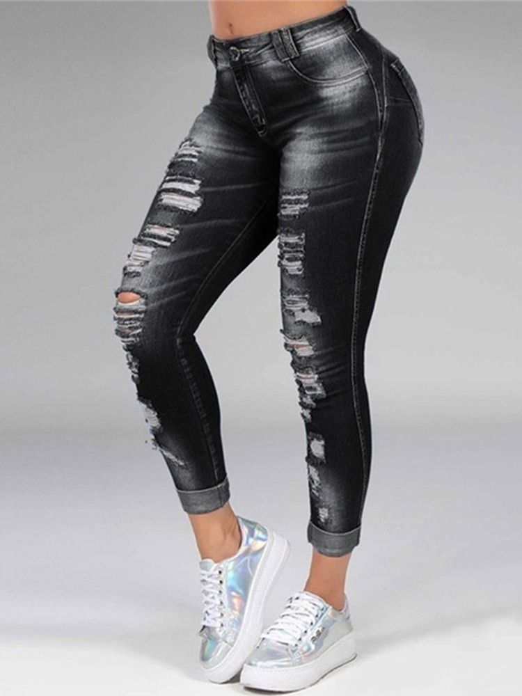 Loch Straight Plain Zipper Mid Waist Damenjeans