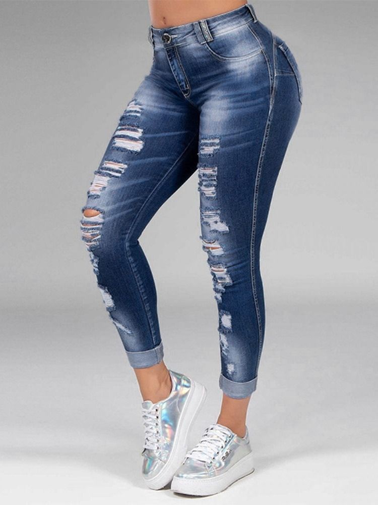 Loch Straight Plain Zipper Mid Waist Damenjeans