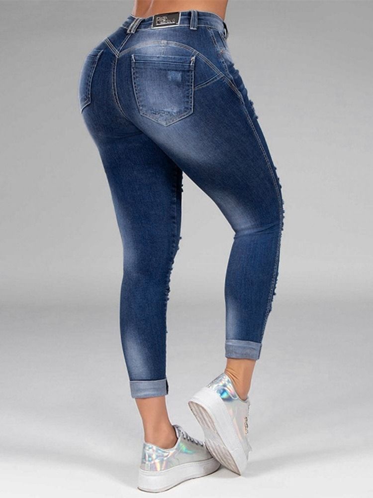 Loch Straight Plain Zipper Mid Waist Damenjeans