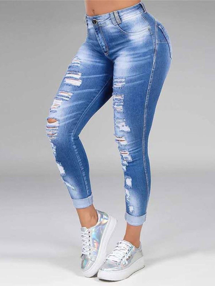 Loch Straight Plain Zipper Mid Waist Damenjeans