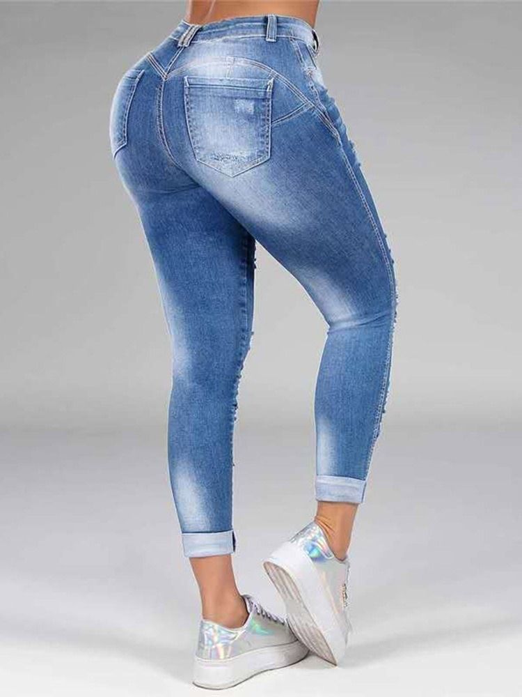 Loch Straight Plain Zipper Mid Waist Damenjeans