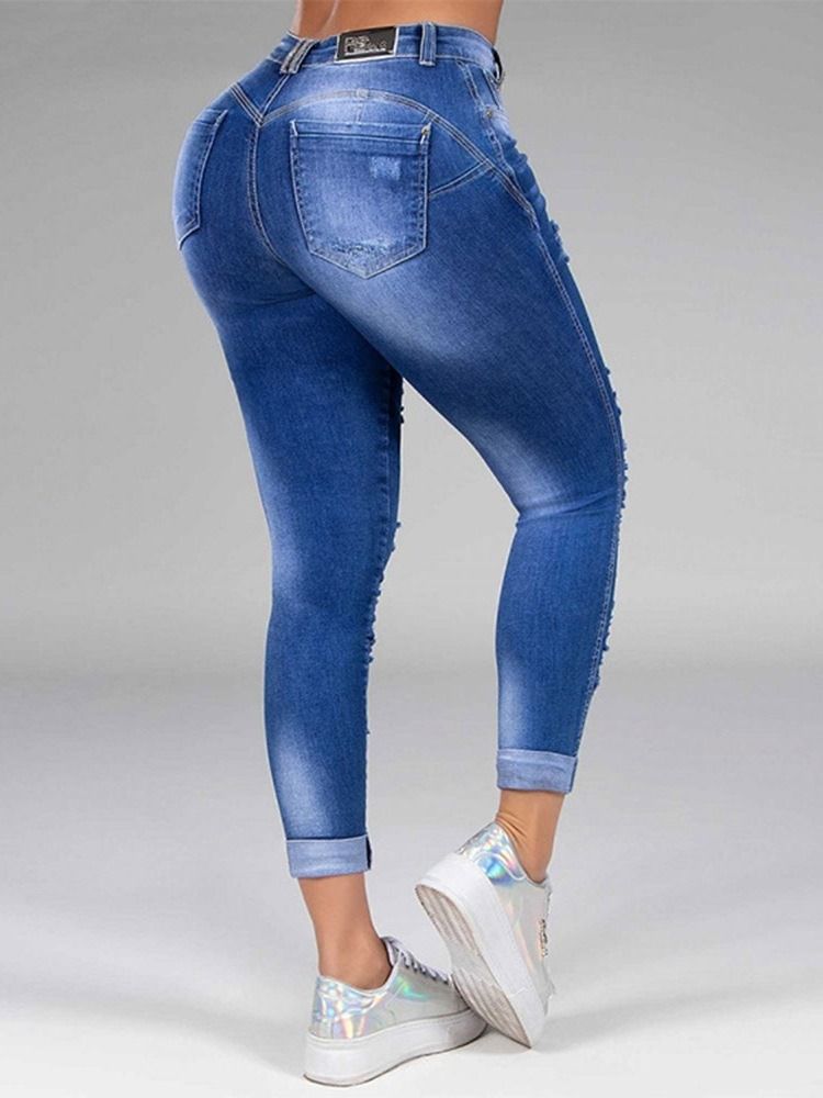 Loch Straight Plain Zipper Mid Waist Damenjeans