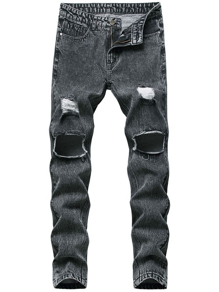 Loch Straight Plain Zipper Mid Waist Herrenjeans