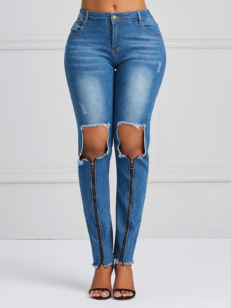 Loch Zipper Skinny Damenjeans