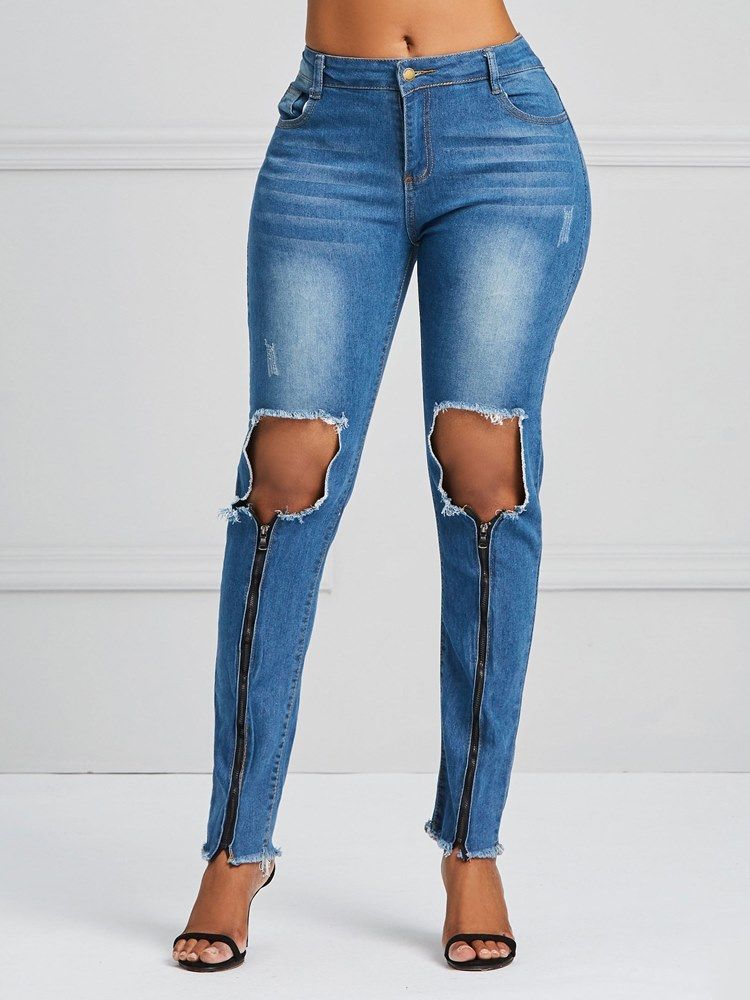 Loch Zipper Skinny Damenjeans