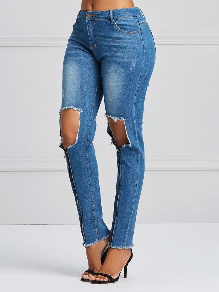 Loch Zipper Skinny Damenjeans