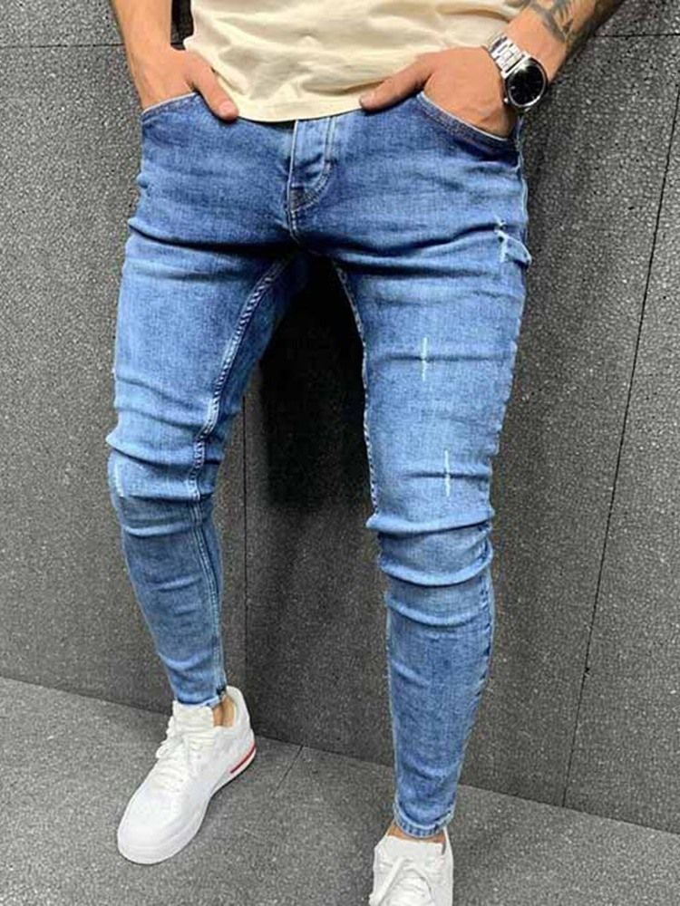 Männer Bleistifthose Worn Plain Mid Waist Zipper Jeans