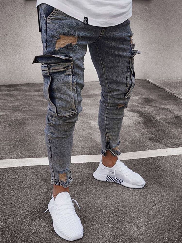 Männer Einfarbig Getragene Bleistifthose European Zipper Jeans