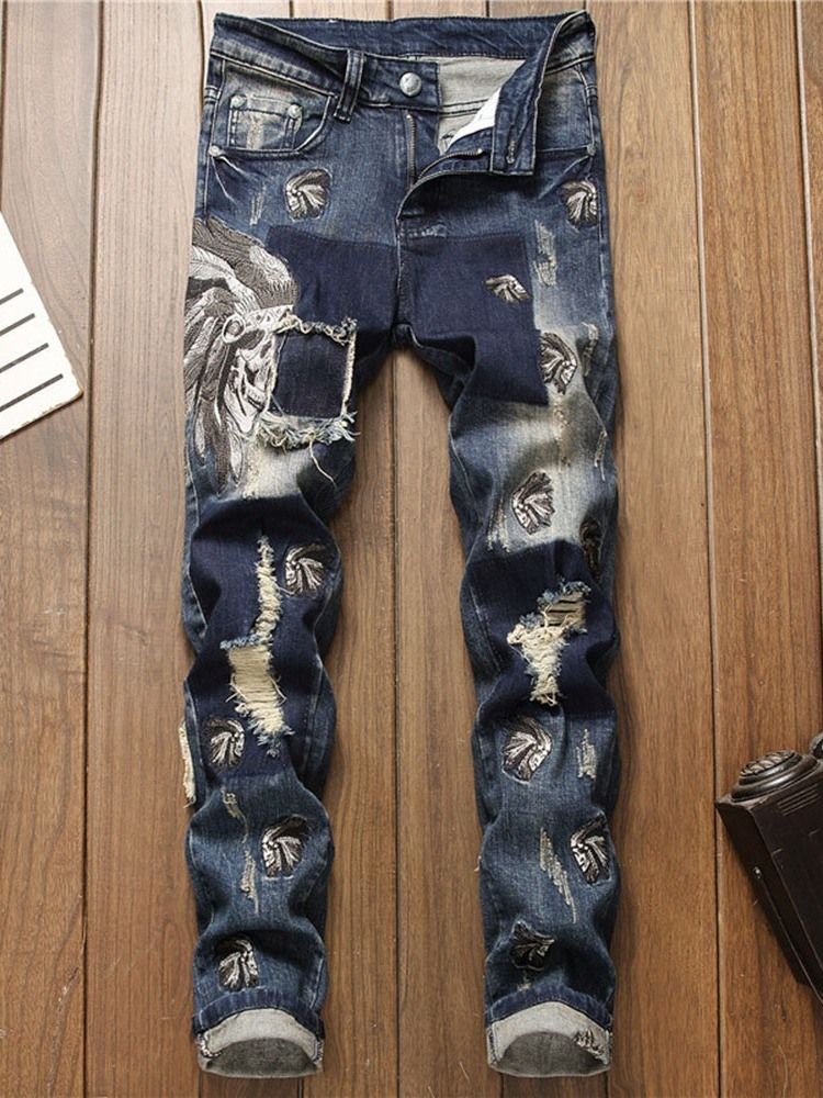 Männer Loch-farbblock-bleistifthose Mit Mittlerer Taillen-reißverschluss-jeans