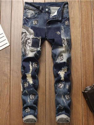 Männer Loch-farbblock-bleistifthose Mit Mittlerer Taillen-reißverschluss-jeans