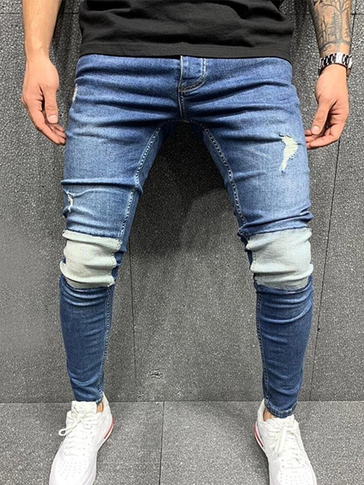 Patchwork Bleistifthose Farbblock Reißverschluss Mittlere Taille Herrenjeans