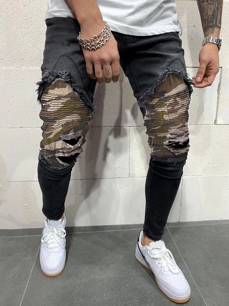 Patchwork Camouflage Pencil Pants Mid Waist European Herren Jeans