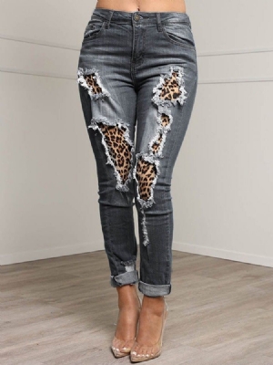 Patchwork Leopard Bleistifthose Reißverschluss Damen Slim Jeans