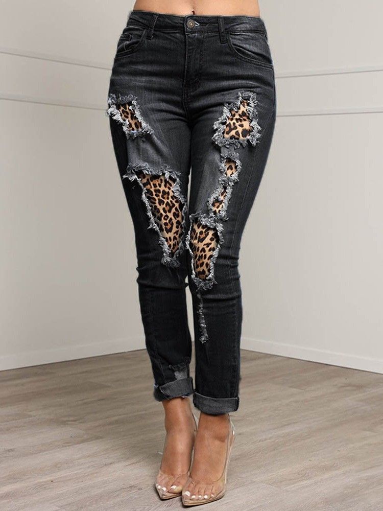 Patchwork Leopard Bleistifthose Reißverschluss Damen Slim Jeans