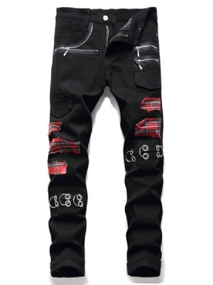 Patchwork Plaid Straight Zipper Europäische Herren Jeans