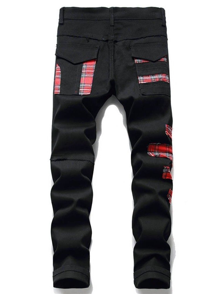 Patchwork Plaid Straight Zipper Europäische Herren Jeans