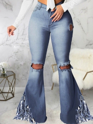 Plain Bellbottoms Hole Damen Slim Mid Waist Jeans