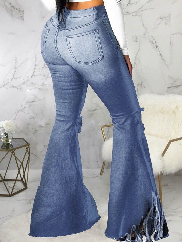 Plain Bellbottoms Hole Damen Slim Mid Waist Jeans