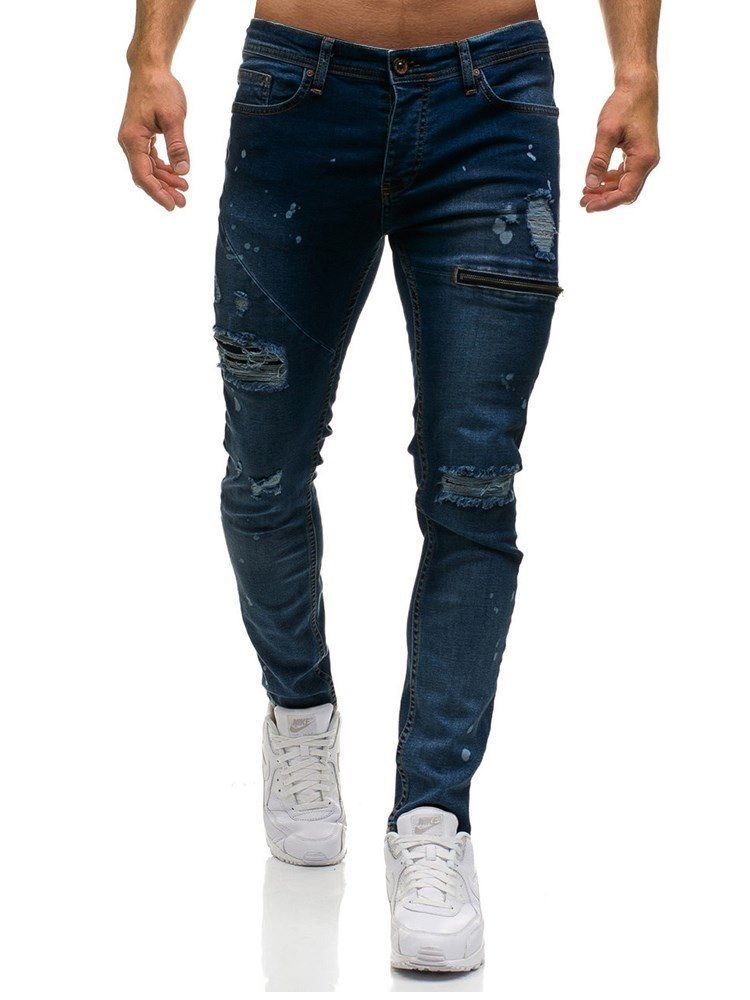 Plain Inelastic Worn Herren Casual Zerrissene Jeans