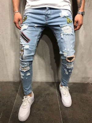 Pocket Thin Letter Mid Waist Herren Jeans Mit Reißverschluss