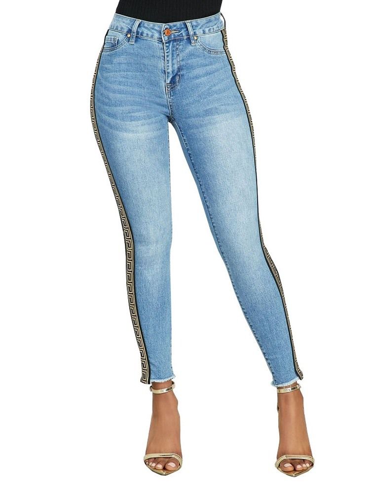 Print Pencil Pants Geometrisch Skinny Damen Jeans Mit Hoher Taille