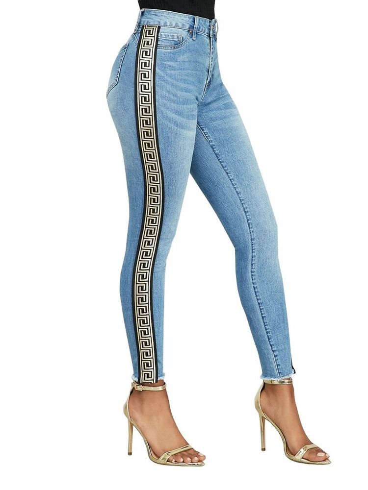 Print Pencil Pants Geometrisch Skinny Damen Jeans Mit Hoher Taille