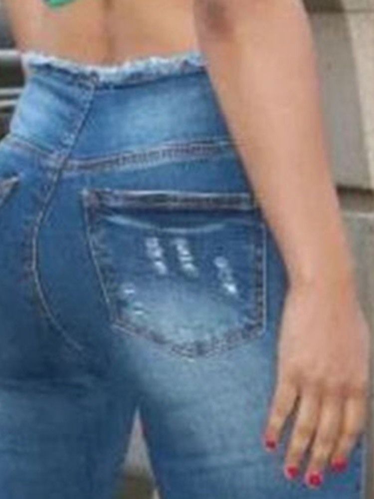 Schlanke Hoch Taillierte Schlichte Damenjeans Mit Schlaglöchern Und Löchern