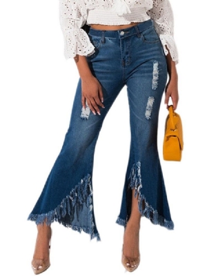 Schlanke Mittelhohe Jeans Mit Schlichtem Loch Für Damen