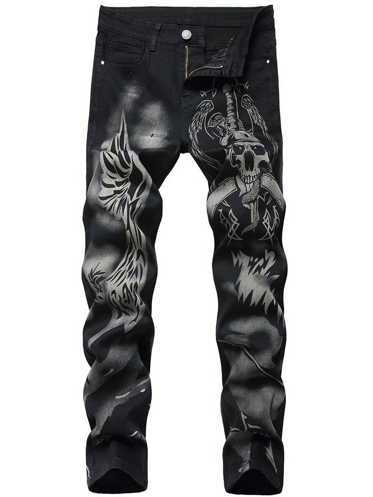 Skull Straight Print Europäische Herren Jeans Mit Mittlerer Taille