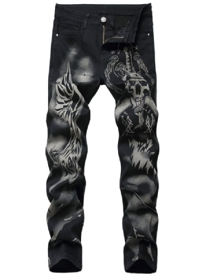 Skull Straight Print Europäische Herren Jeans Mit Mittlerer Taille