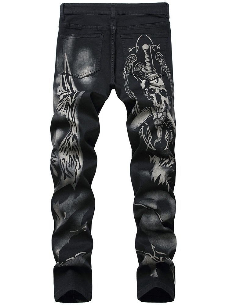 Skull Straight Print Europäische Herren Jeans Mit Mittlerer Taille