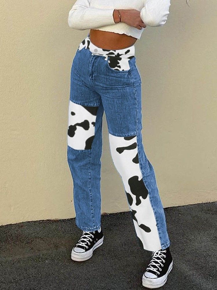 Slim-jeans Mit Geradem High Waist Für Damen Mit Farbblock-print