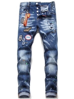 Stickerei Straight Color Block Herren Jeans Mit Mittlerer Taille Und Knopfleiste