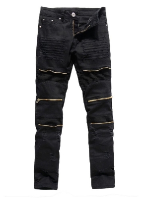 Zipper Straight Plain Zipper Mid Waist Herrenjeans