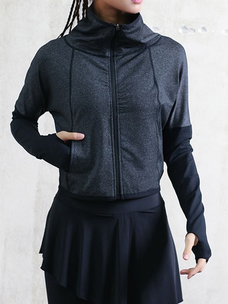 Damen Daumenlöcher Solid Thermal Zipper Langarm Sportoberteile