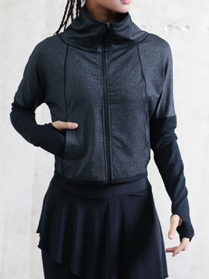 Damen Daumenlöcher Solid Thermal Zipper Langarm Sportoberteile