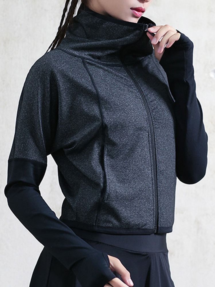 Damen Daumenlöcher Solid Thermal Zipper Langarm Sportoberteile