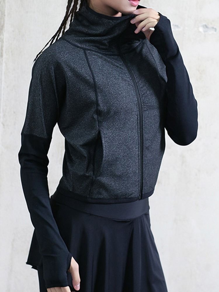 Damen Daumenlöcher Solid Thermal Zipper Langarm Sportoberteile