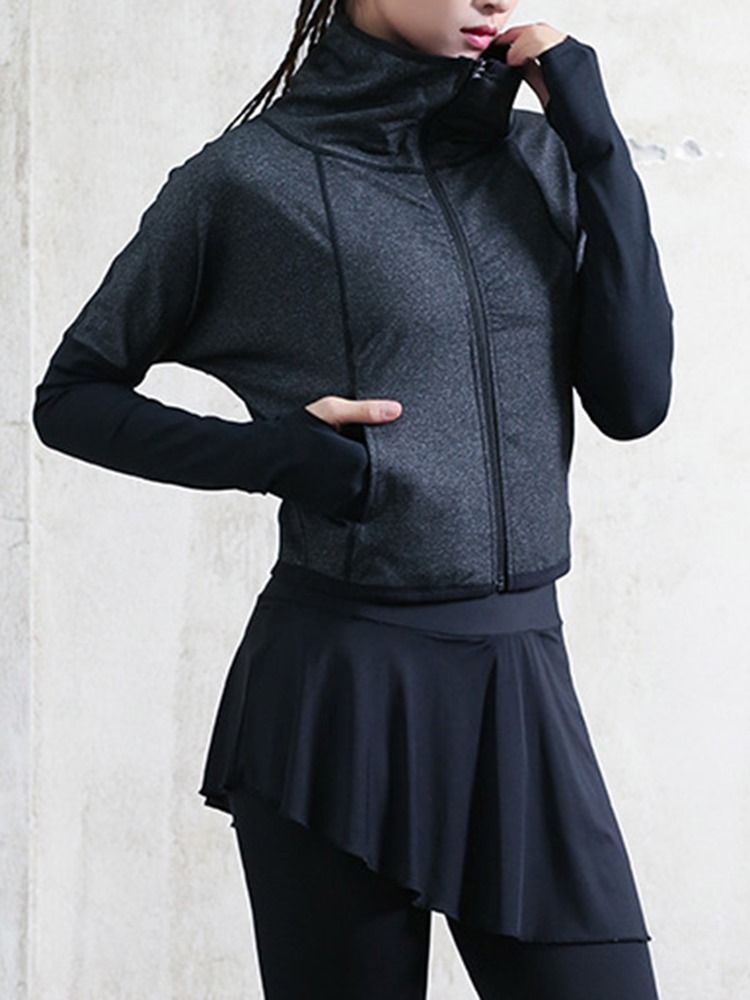 Damen Daumenlöcher Solid Thermal Zipper Langarm Sportoberteile