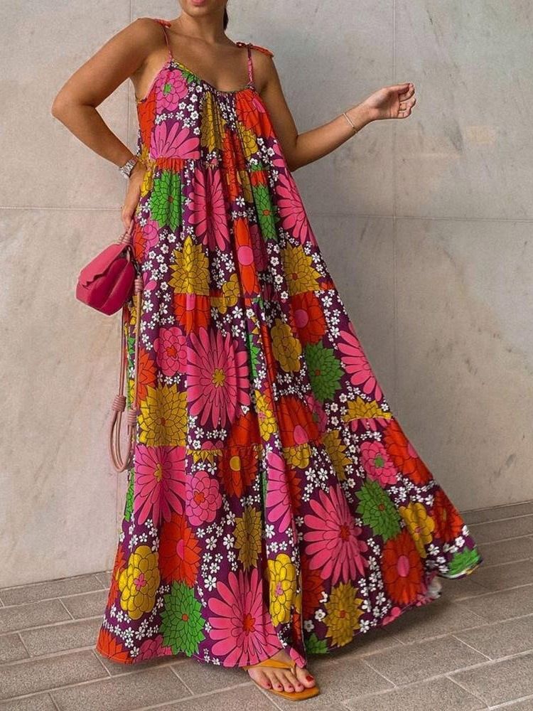 Ärmellose Bodenlange Print Expansion Blumen Maxikleid Strandkleider Für Damen