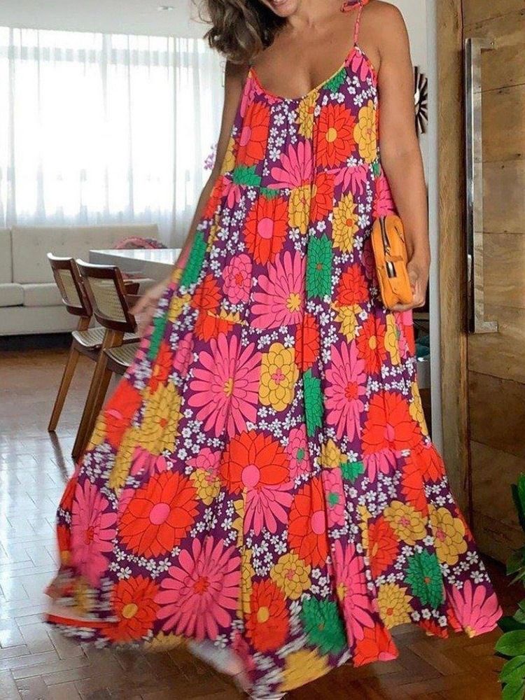 Ärmellose Bodenlange Print Expansion Blumen Maxikleid Strandkleider Für Damen