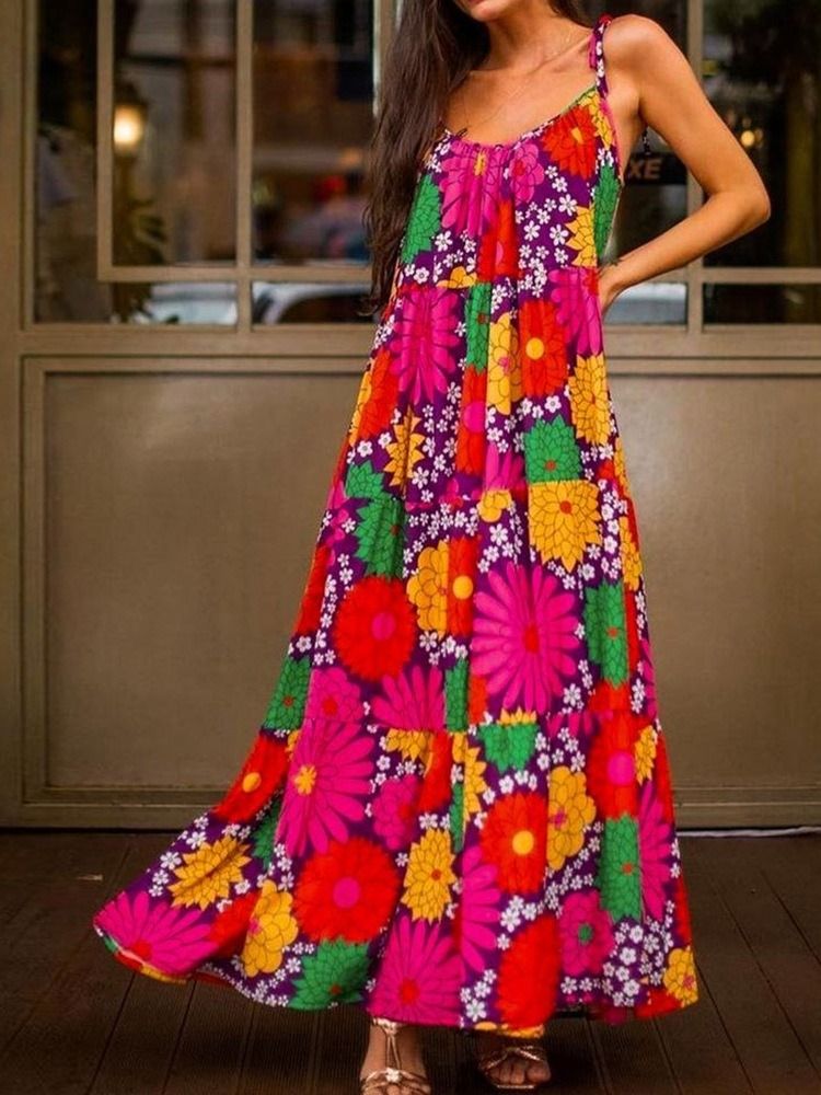 Ärmellose Bodenlange Print Expansion Blumen Maxikleid Strandkleider Für Damen