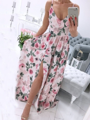 Ärmelloses Geteiltes Bodenlanges Spaghetti-blumen-maxikleid Strandkleider Für Damen