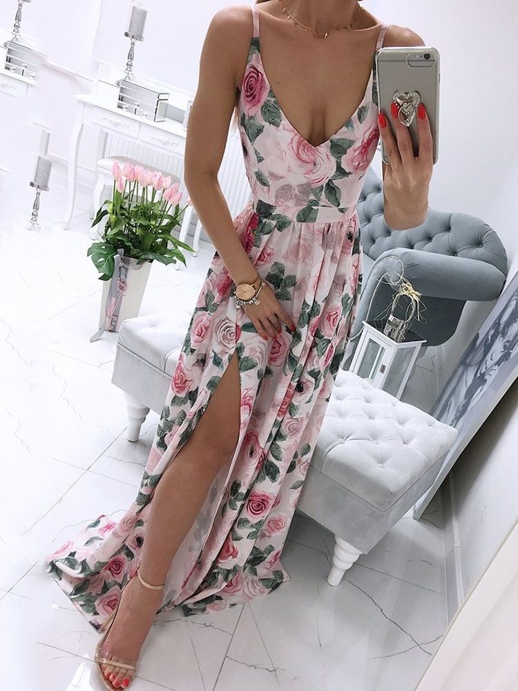 Ärmelloses Geteiltes Bodenlanges Spaghetti-blumen-maxikleid Strandkleider Für Damen