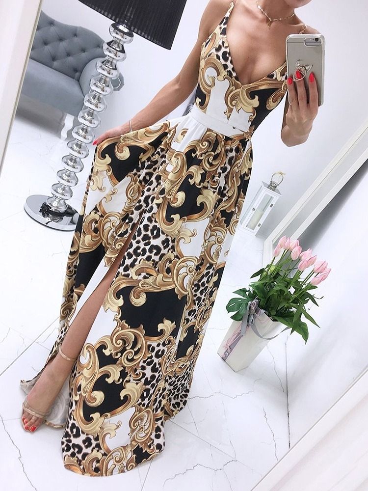 Ärmelloses Geteiltes Bodenlanges Spaghetti-blumen-maxikleid Strandkleider Für Damen