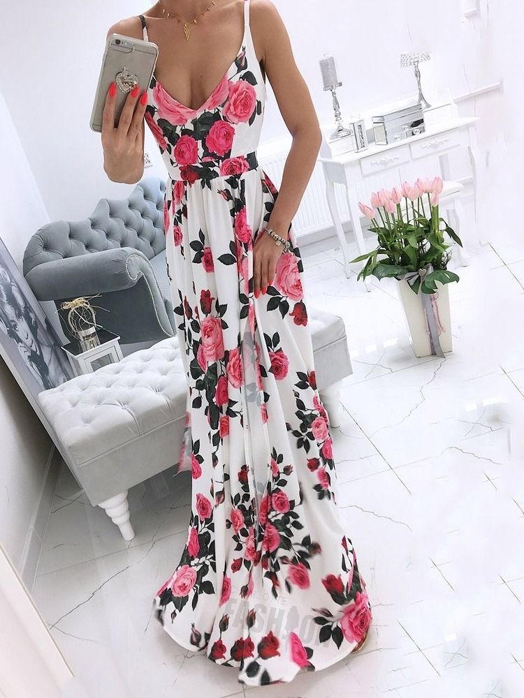 Ärmelloses Geteiltes Bodenlanges Spaghetti-blumen-maxikleid Strandkleider Für Damen