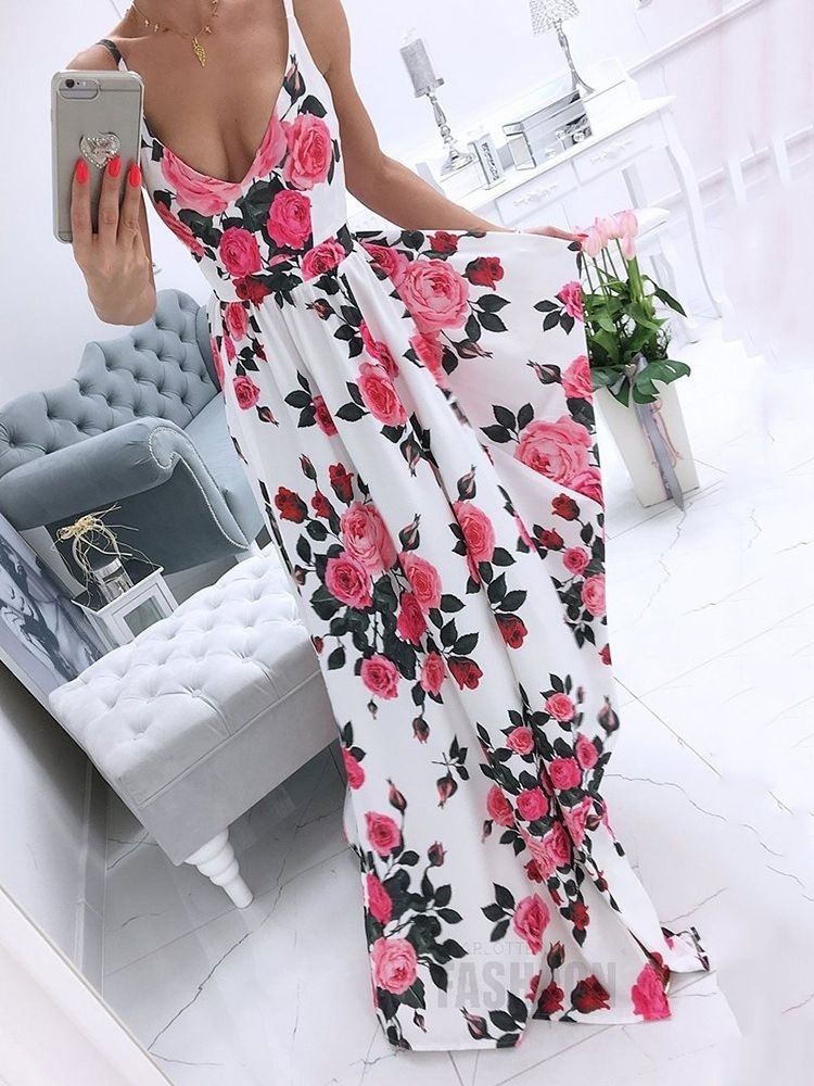 Ärmelloses Geteiltes Bodenlanges Spaghetti-blumen-maxikleid Strandkleider Für Damen