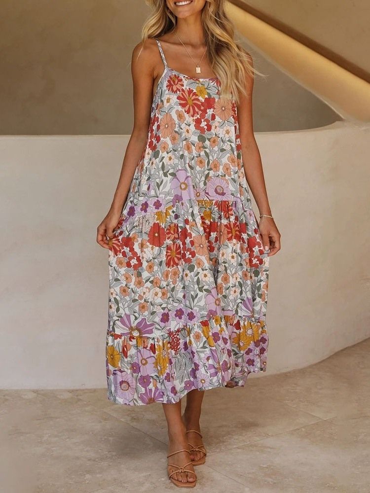 Ärmelloses Knöchellanges Patchwork-blumen-maxikleid Strandkleider Für Damen