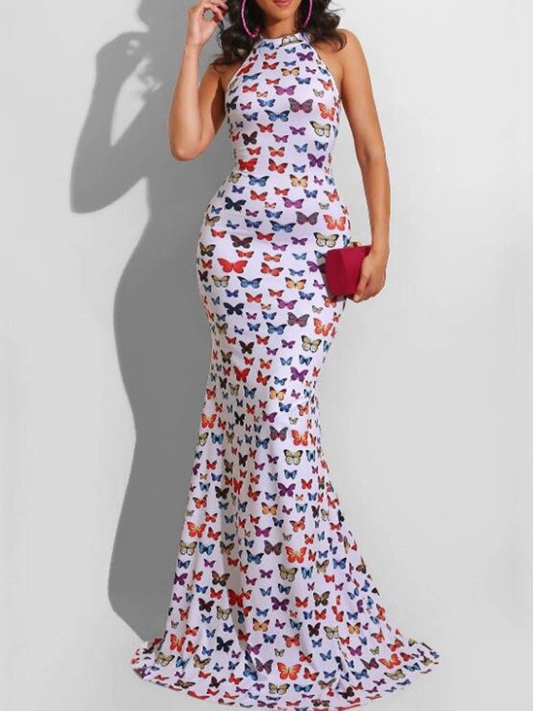 Ärmelloses Print Bodenlanges Herbstkleid Für Damen