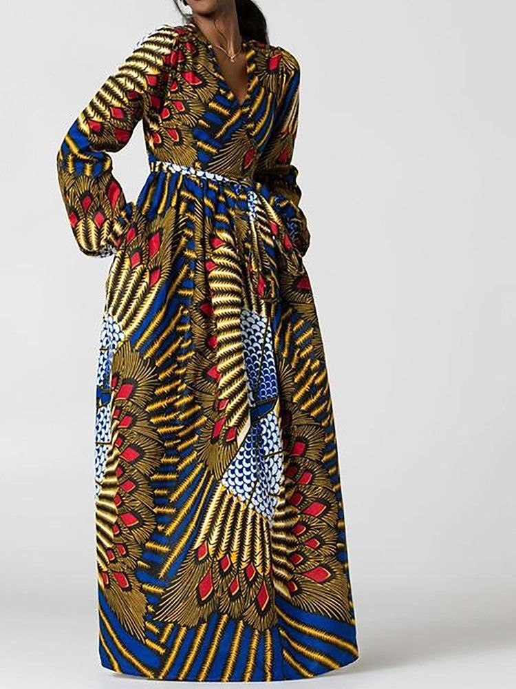 African Fashion Damen Kleid Mit V-ausschnitt Und Ausgestellten Ärmeln